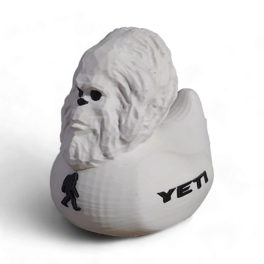 White 3D Printed PLA duck with YETI logo on a white background