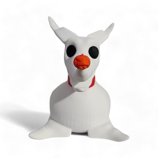 White plush toy with black eyes and an orange nose on a white background