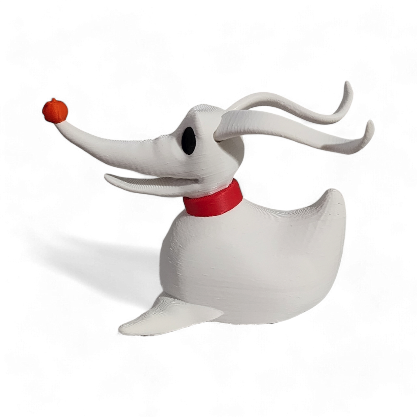 White animated character with long ears and a red collar on a white background