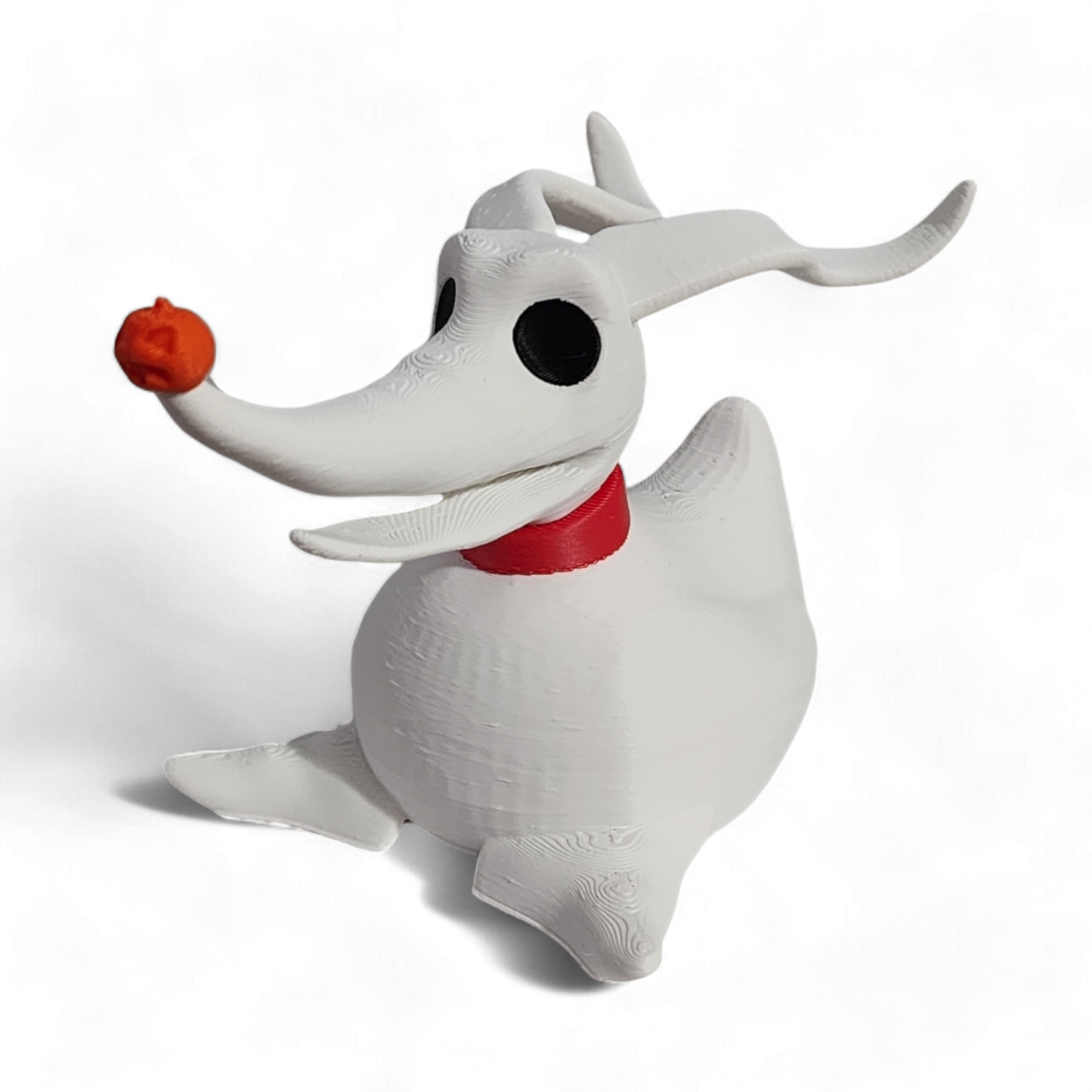 White dog-like figure with a red collar and an orange ball on a white background
