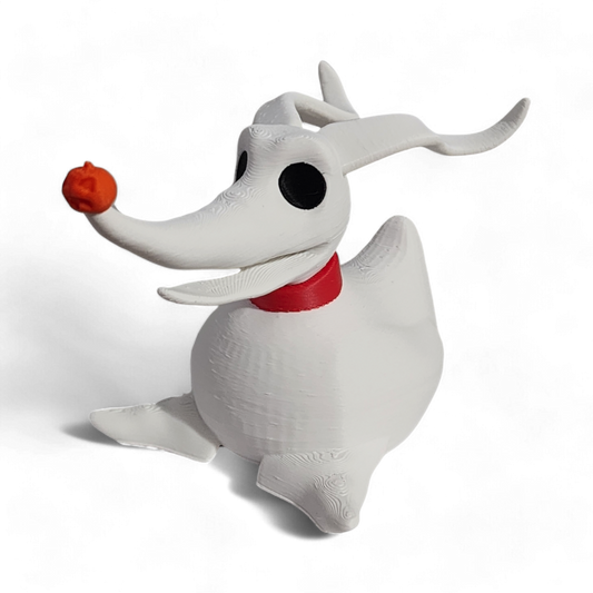 White dog-like figure with a red collar and an orange ball on a white background
